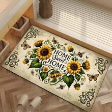 1pc Home Decor, Farmhouse Sunflower And Bee Print Floor Mat, Suitable As Drying Mat, Coaster For Entryway, Living Room, Bedroom, Bathroom, Kitchen And Laundry Room, Machine Washable, Spring Decor