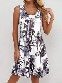 Vestido casual sin mangas con estampado de palmera para mujeres, para vacaciones de primavera/verano. Vestido de tirantes casual de cuello redondo, outfits de verano relajados para mujeres, outfits bohemios de playa para mujer.