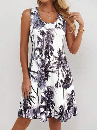 春夏女士休闲度假椰子树印花无袖连衣裙，休闲圆领无袖背心裙，女士休闲夏季服装，女士波西米亚海滩服装