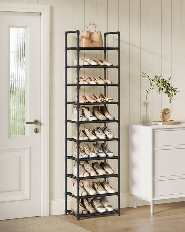 SONGMICS Schuhregal,10 Ebenen, Schuhablage, Schuhaufbewahrung, schmal, 28 x 45 x 173 cm, Metallgestell, Ablagen aus Vliesstoff, für Flur, Schlafzimmer, schwarz