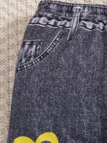 3pcs Girls Denim Effect Print Fitted Pants Set