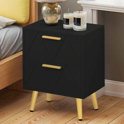 Modern Nightstand End Table Set Of 2 - 2 Drawers With Gold Metal Legs & Handles, Storage Side Table For Bedroom/Living Room (40x30x52cm)