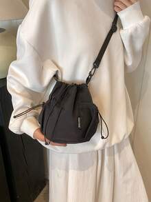 Mini Fashionable Crossbody Bag With Letter Icon & Drawstring Pocket Design, Versatile School Supplies - Black - View 1