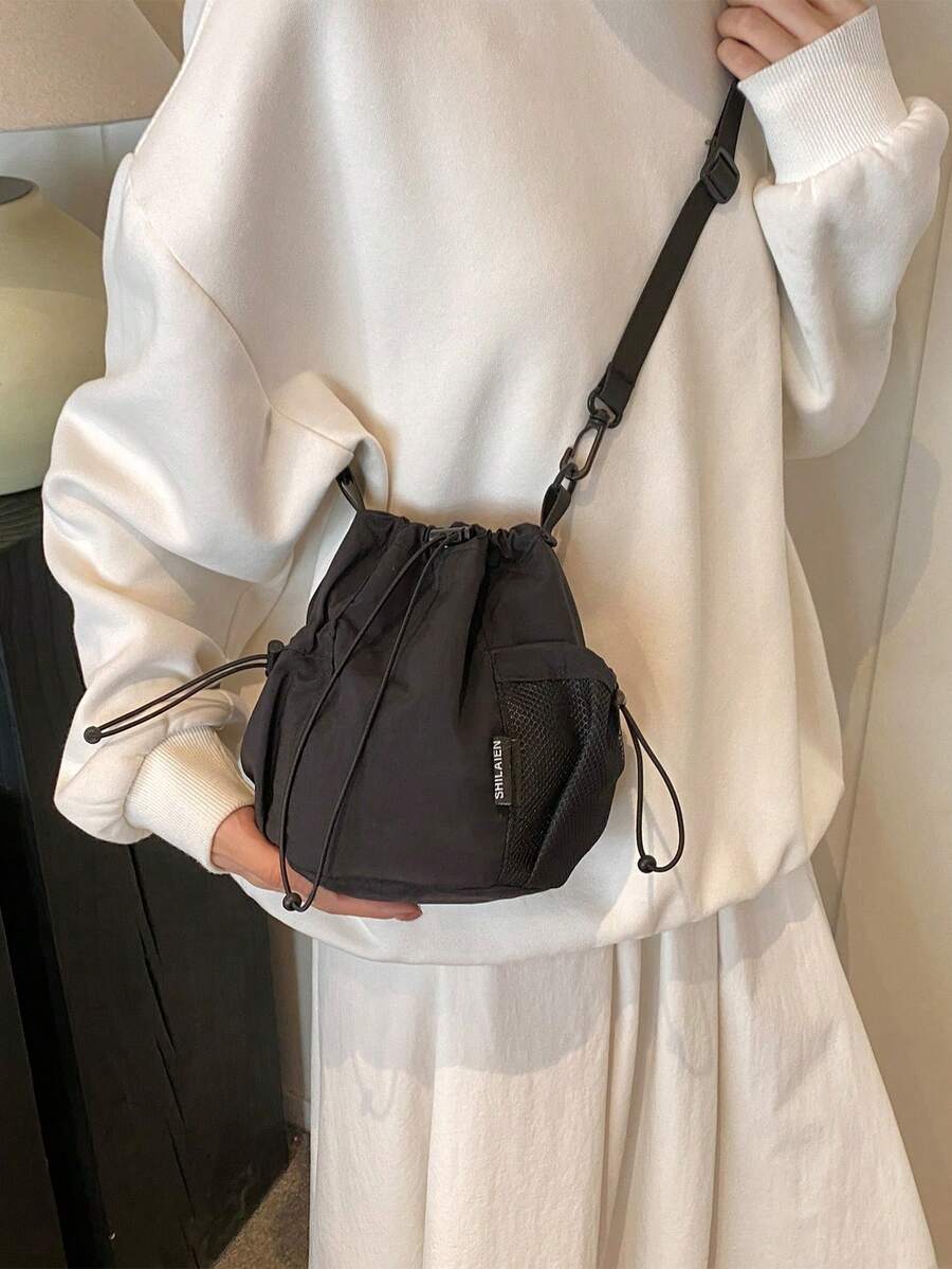 Mini Fashionable Crossbody Bag With Letter Icon & Drawstring Pocket Design, Versatile School Supplies - Black - View 1