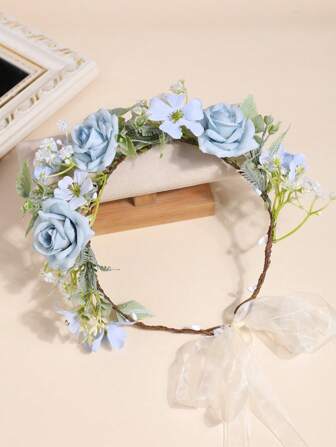 1pc Korean Style Floral Headband, Faux Flower Headpiece For Wedding Photography, Countryside Style, Suitable For Girls
