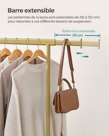 SONGMICS Portant à Vêtements avec Roulettes, Tringle Extensible pour Charge Lourde, Porte-manteau, Capacité de Charge 100 kg, 45 x (92-132) x 161,5 cm, Montage Facile,  Doré Clair - Or clair - Voir 3