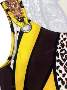 Vestido casual sin mangas con cuello en V con estampado abstracto de color amarillo vibrante - Estilo casual de verano para uso diario | Ropa casual de moda | Tela suave y brillante, vestido encantador