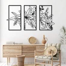 Set de 3 piezas de arte de pared de plantas y metal negro - Decoración moderna para el hogar, acentos festivos, arte de pared elegante