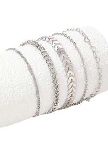 5 Pcs/Set Bling Bling Copper Handmade Chain Hollow Heart Charm Layered Anklets Suitable For Women Beach Holiday Party Wear Foot Jewelry Accessories Gifts For Friends - Anklet Set - View 5