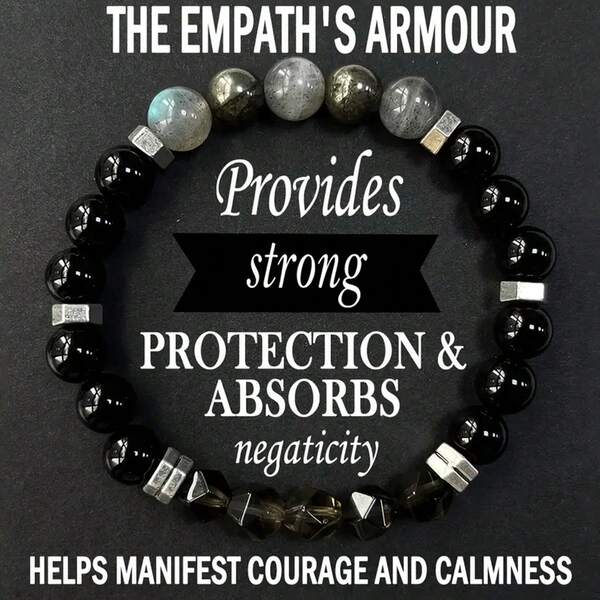 Empathy Armor Protection Bracelet/ High-Quality Labradorite, Pyrite, Obsidian, Faceted Smoky Quartz Handmade Natural Stone Chakra Crystal EMF Courage & Confidence Anxiety Bracelet, Synthetic Gemstone Jewelry