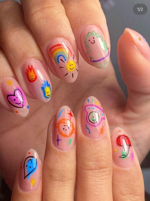 24 Peças Unhas Curtas Redondas, Unhas Falsas Fofas com Desenhos de Sol, Arco-íris, Dinossauro e Cereja, Uso Diário para Meninas, Unhas para Colar