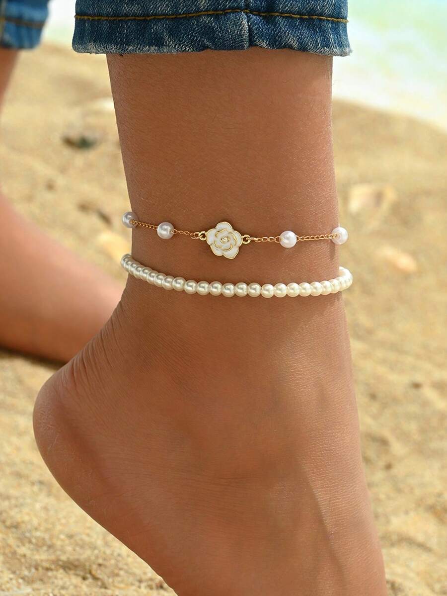 2pcs/Set Fashionable & Elegant White Rose Decor Pearl Beads Anklet Jewelry Set, Romantic & Charming, Suitable For Ladies Daily, Vacation, Beach, Photo Shoot, Handmade Adjustable Length - Multicolor - View 1