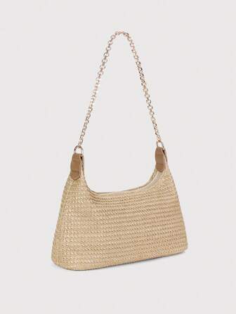 新款时尚波西米亚风格编织藤条包，配有链条肩带，单肩包，适合日常休闲、度假、购物和服装搭配，女士时尚新月包