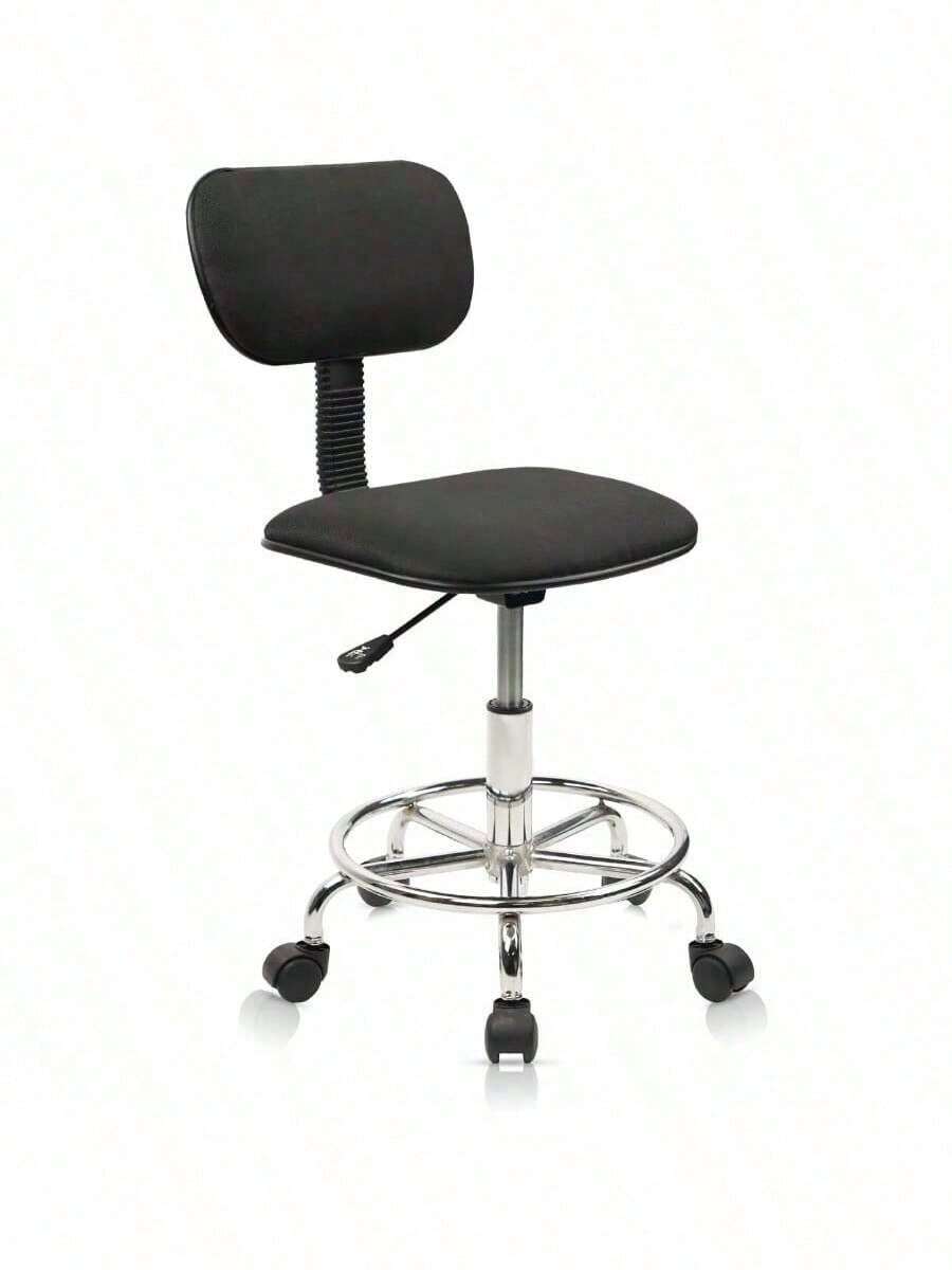 Silla con respaldo, reposapiés ajustable en altura, taburete giratorio con ruedas para taller, oficina, color negro con cojín de asiento grueso para cocina alta, bar del hogar - 30194894 - Ver 1