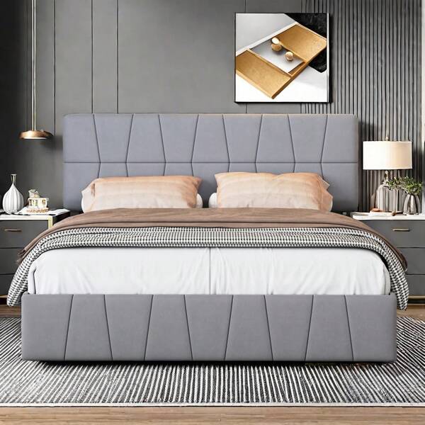 Doppelbett 140x200 cm, Polsterbett mit Lattenrost, 4 Schubladen & Kopfteil, Bett für Erwachsene und Jugendliche, Samt ohne Matratze (Grau, 140 / 160 / 180x200 cm)