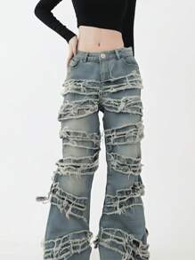 Y2K 90s Street Slant Pocket High Cotton Stretchy Distressed Raw Frayed Unique Tassel Design Patchwork Hip Hop Jeans Music Festival,  Everyday Wear