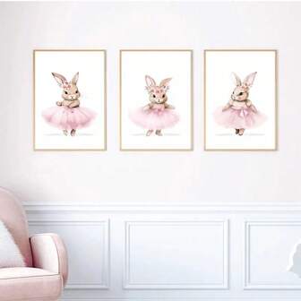 3PCS Cute Ballerina Bunny Ballet Canvas Posters Woodland Animals Print Painting Girls Room Decor Rabbit Wall Arts Nursery Decor Optional Frame ,Wall Art With Frame