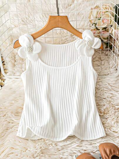 Women's Solid White Floral Embellished Knit T-Shirt - Square Neck Short Sleeve Top With Pearl Accents, Machine Washable Spring Summer Casual Blouse, -Inspired Design, Spring Summer Apparel | Soft Texture Shirt, Ladies T Shirts