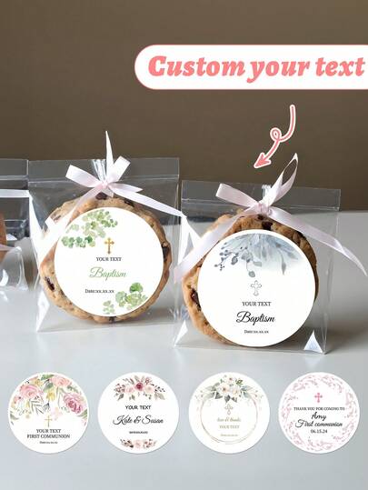 1. First Communion Commemorative Stickers, Green Plant & Golden Cross Thank You Stickers, Customizable, Baptism Set - Blush Floral Baptism Memorial Label Stickers, School Supplies, Back To School Season