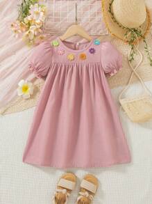Young Girls Colorful 3D Floral Puff Sleeve Ruched Denim Effect Dress
