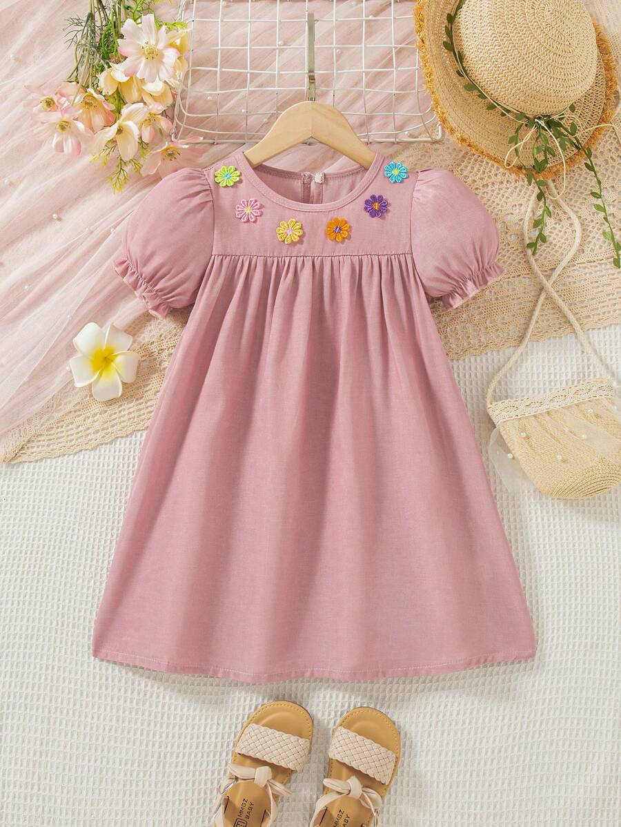 Young Girls Colorful 3D Floral Puff Sleeve Ruched Denim Effect Dress