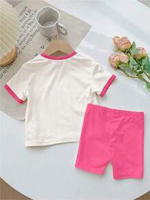 Conjunto de 2 piezas de camiseta de cuello redondo de manga corta y shorts ajustados en color rosa, adecuado para primavera y verano