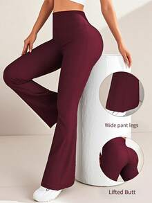 Women's High Waist Solid Color Flared Pants Sports Yoga Pants Compression Leggings Running Fitness Pants, Women's Clothing, Women's Leggings, Women's Summer Trousers - Burgundy - View 3