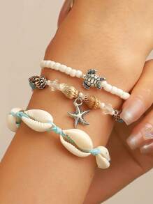 3 pièces/Set Bracelets thème océanique, comprenant des bracelets perles coquille/étoile de mer/tortue/conque, style plage d'été, bracelet en cordon fait main pour femmes