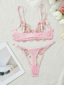 2 Stücke/Set Sexy Damen Dessous Set, rosa Spitzen-bestickter BH und Höschen mit Mesh, romantische & intime Nachtwäsche, Sommer
