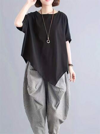 彩色印花 V 领衬衫，休闲七分袖上衣，春夏季女装