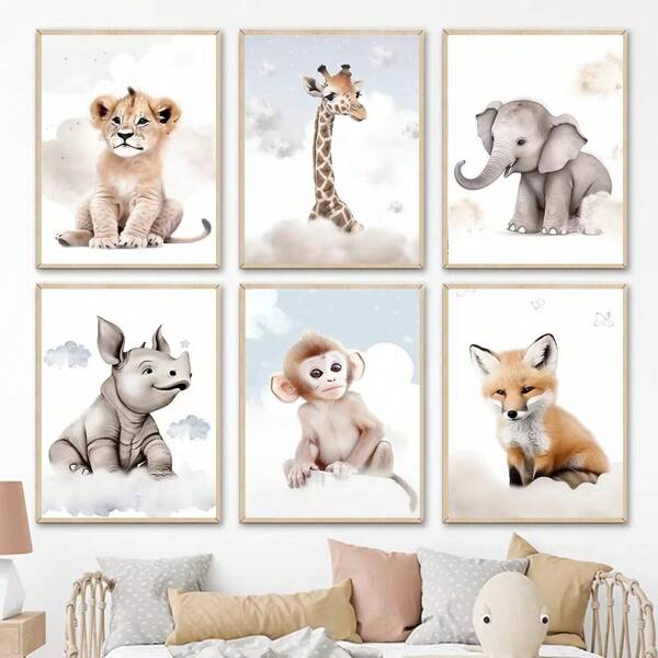 1 stuk/3 stuks wandkunstposters, optioneel frame, dieren, leeuw, olifant, neushoorn, langnek, hert, wolk, kinderkamer, wandkunst, canvas schilderij, dierenposter, muurschildering, baby- en kinderkamerdecoratie, geschikt voor muren in woonhuizen en slaapzalen, woonkamer- en bardecoratie, eetkamer of badkamer, kamerdecoratie, hoge kwaliteit zonder frame, canvas kunst voor binnen/buiten, zonder frame/met frame