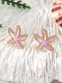 1 Pair Fashionable 3D Metal Colorful Pearl Painted Starfish Stud Earrings