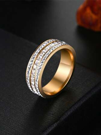 1pc Stainless Steel Sparkling Crystals Single/Double Row Fashionable Tarnish-Resistant Jewelry Couple Rings, & Versatile