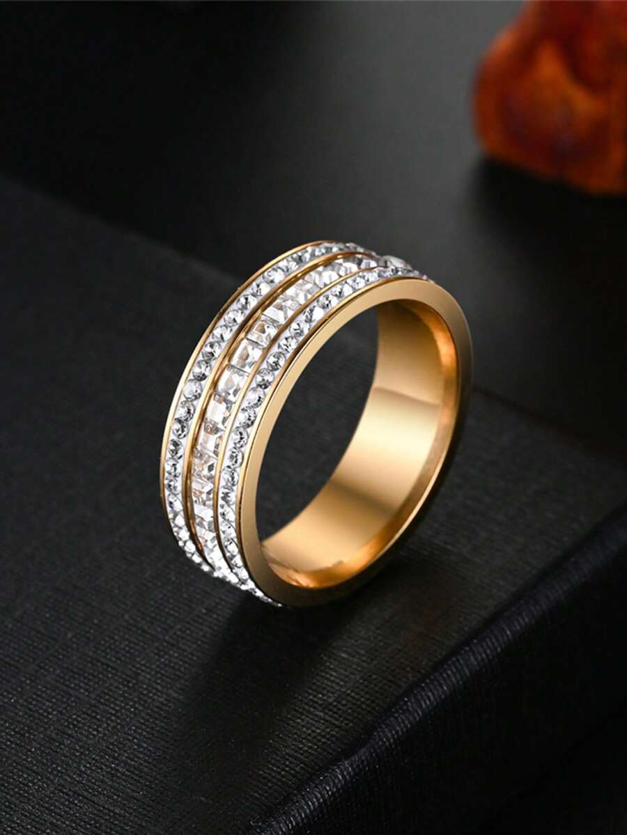 1 peça de aço inoxidável com cristais brilhantes, fileira única/dupla, joias elegantes e resistentes a manchas, anéis para casais e versáteis - Três fileiras de zircônia dourada - Ver 1