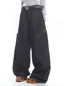 1 pieza Pantalón de mezclilla de carga tipo cargo holgado con parches para hombres, pantalones de cargo estilo calle americana, pierna ancha, de moda y versátil