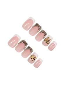 24片中号方形法式美甲贴纸，白色底金色蝴蝶结水钻装饰，奢华全覆盖，适合女士和女孩夏季美甲，魅力派对和约会美甲用品 - 彩色 - 查看 3