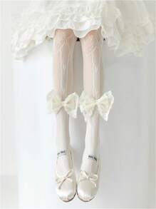 1 paire de leggings princesse délicats en dentelle pour filles - collants respirants et fins pour le printemps et l'été, collants à pattes d'éléphant en maille blanche avec un ourlet à volants et un accent nœud