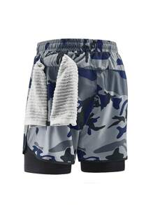 Athletic Streetwear Double-Layer Camouflage Print Unisex Shorts, Universal Sports Shorts For Running, Outdoor, And Gym, Lightweight Loose Fit Casual Pants