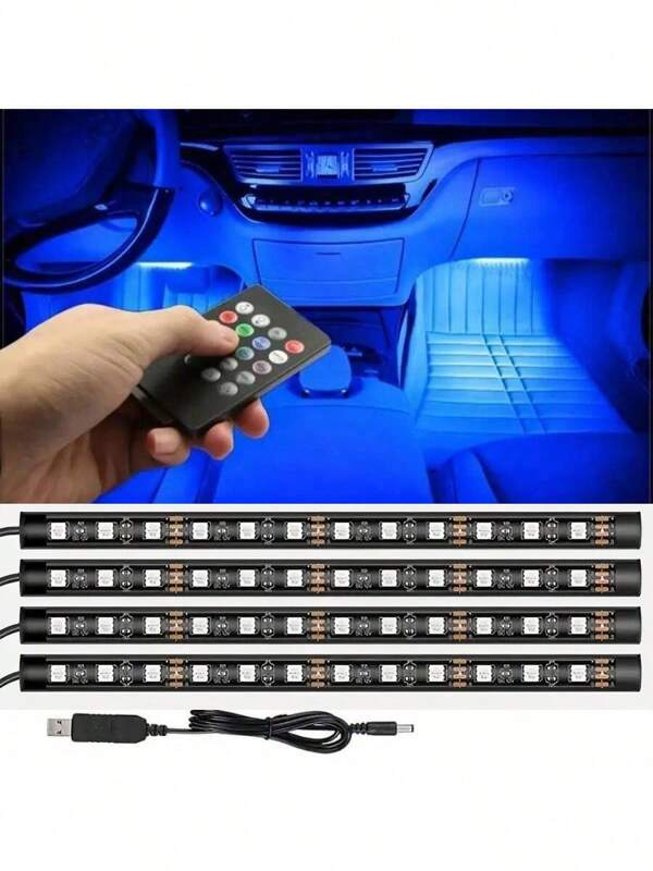 1set/4pcs Car Interior Atmosphere LED Lights With Sound Control And Remote Control, Multicolor, Music Rhythm Decoration Light For Car Footwell Customization