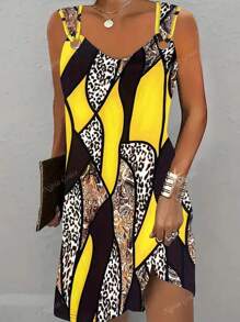 Vestido casual sin mangas con cuello en V con estampado abstracto de color amarillo vibrante - Estilo casual de verano para uso diario | Ropa casual de moda | Tela suave y brillante, vestido encantador