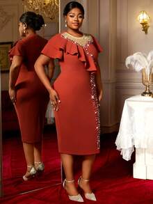 女士派对仿珍珠连衣裙网眼拼布不对称褶边串珠大码女式晚会生日婚礼宾客