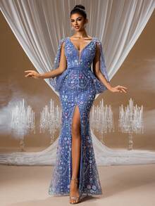 GIFORU Elegant Black Chiffon Mermaid Evening Gown Hand-Beaded Deep V-Neck, Crystal Sequins & High Slit Luxury Couture Dress For Gala Red Carpet Wedding/Prom - Dusty Blue - View 6