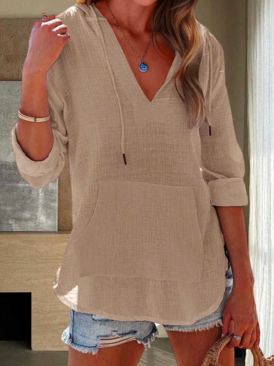 Women's Beach Cover Up Hoodies Sweatshirt Long Sleeve V Neck Pocketed Hooded Shirt Top - Màu Khaki - Xem 1