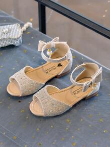 1 Pair Girls Diamond & Sequin Embellished Princess Sandals, Children Soft Bottom Dance Shoes With Ankle Strap Open Toe