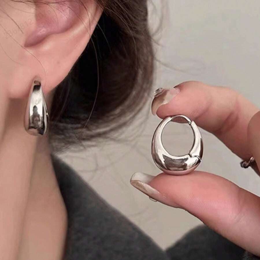 1 Pair Minimalist Geometric U-Shaped Metal Hoop Earrings, Smooth Elliptical Open Circle Ear Rings For Women, Everyday Wear, Simple Metallic Geometric Hinged Earrings, Fashionable & Versatile, Suitable As Gifts For Christmas, Thanksgiving, Valentine's Day