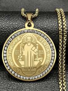 Hop Hop Saint Benedict Pendant Necklace For Women Men Stainless Steel Gold Silver Color Rhinestone Religion Chain - Necklace - View 1