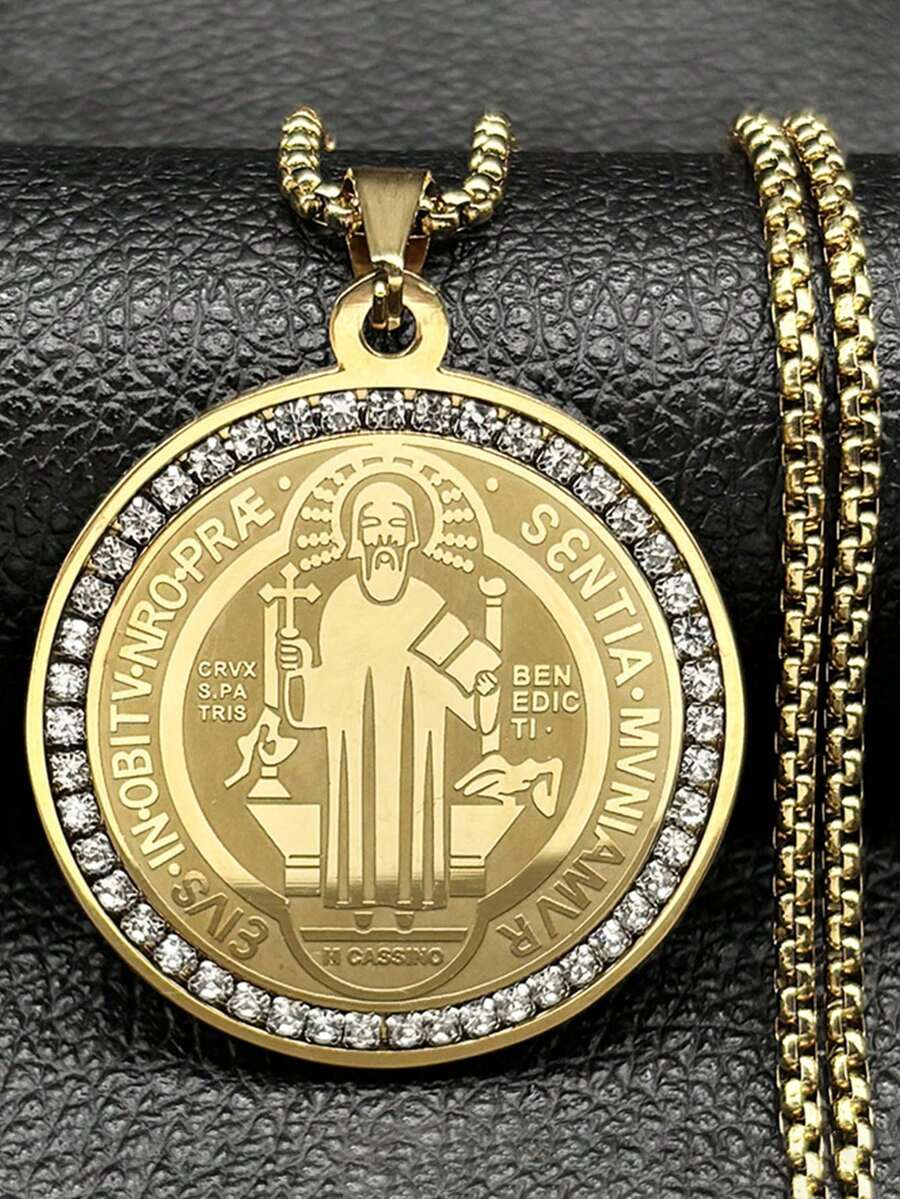 Hop Hop Saint Benedict Pendant Necklace For Women Men Stainless Steel Gold Silver Color Rhinestone Religion Chain - Necklace - View 1