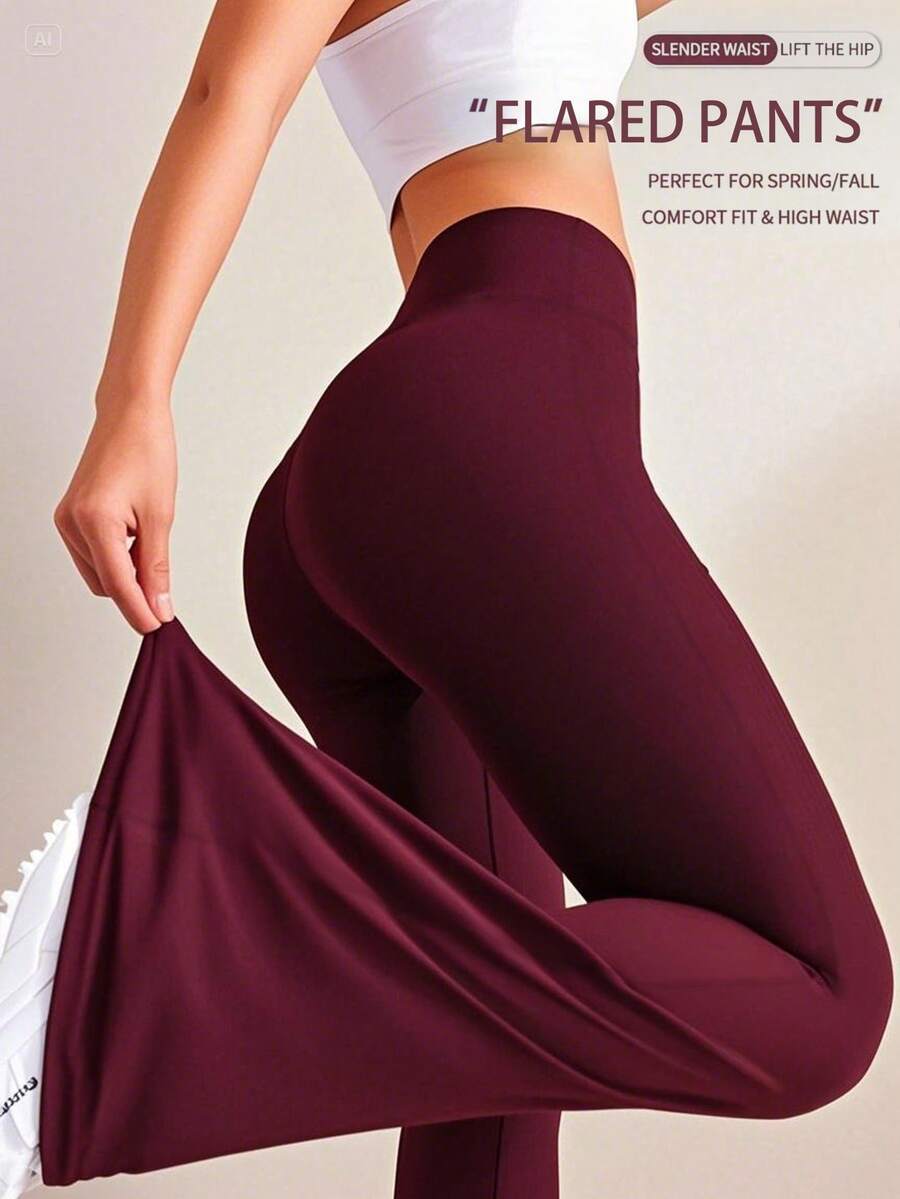 Women's High Waist Solid Color Flared Pants Sports Yoga Pants Compression Leggings Running Fitness Pants, Women's Clothing, Women's Leggings, Women's Summer Trousers - Burgundy - View 1