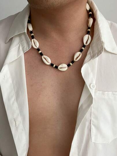 1pc Men's Simple Wooden Bead & Shell Necklace, Bohemian Beaded Shell Jewelry Accessory, Suitable For Summer Beach Wear