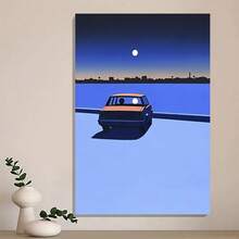 Framed Canvas Wall Art - Guy Billout Surrealism Poster, Vintage Car Under Full Moon & City Skyline, Vibrant Blue & Orange Night Scene, Modern Home Decor For Bedroom, Living Room, Corridor, Bedroom Wall Art | Night Scene Decor | Design, Wall Decor, 2D Flat, Perfect For Room Decor Birthday Party Decor, Mother's Day New Year Easter Gift,  Home Living Room Office Wall Decor, Perfect Gift And Wall Decoration, Room Decor, Wall Art Decor, Wall Decor, Living Room. - Framed - View 1